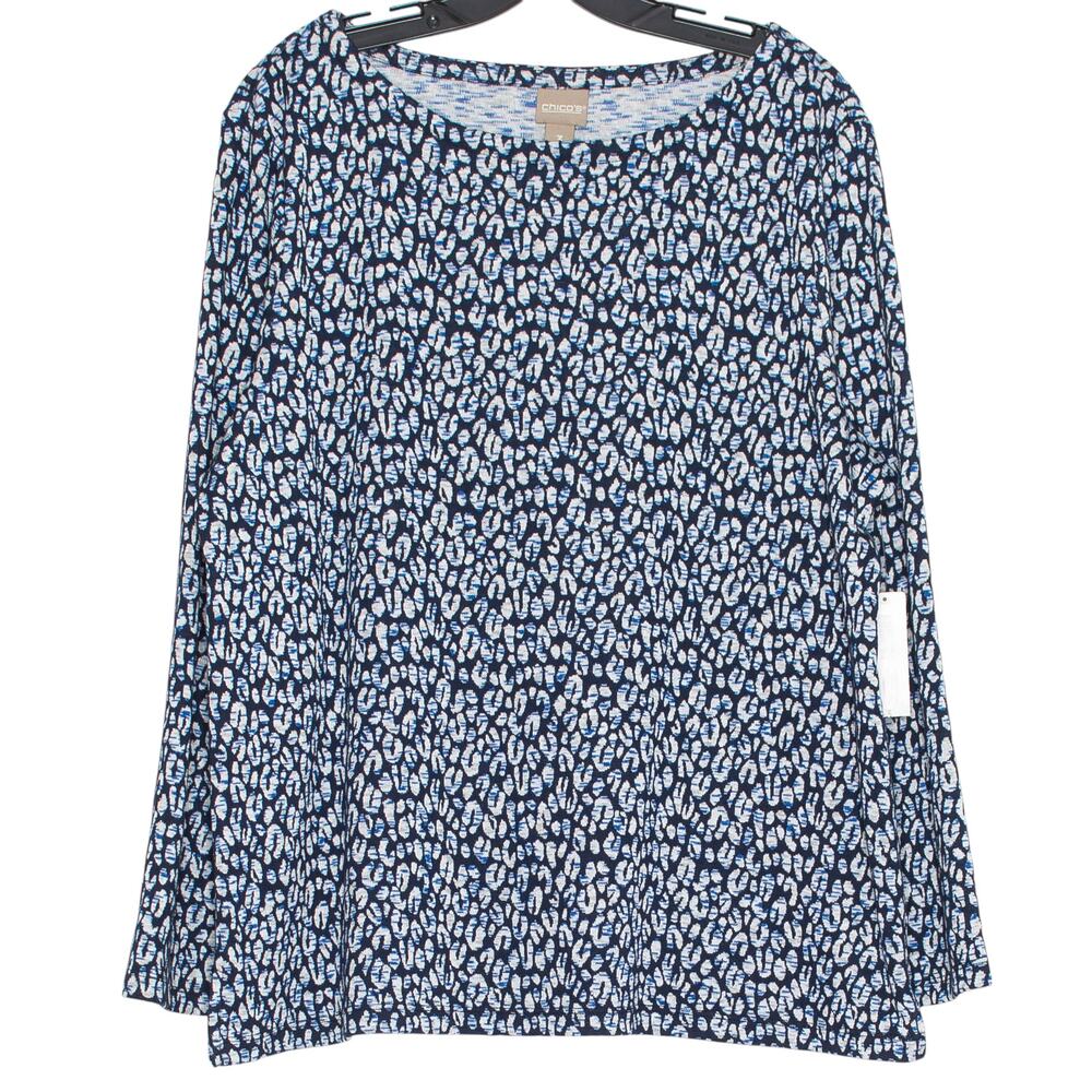 NWT Chicos Top Animal Casual Coastal Boat Neck Resort Versatile Blue 3 XL 16